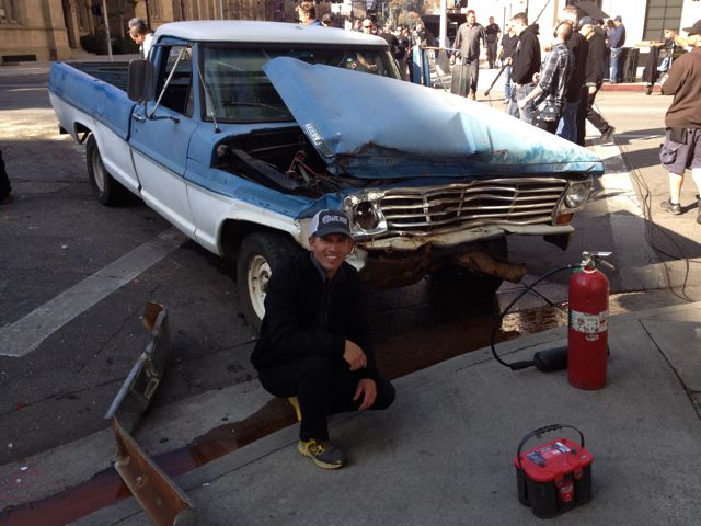 Stuntman Tim Mikulecky infront of the truck that hit him, driven by Corey Eubanks on the set of 