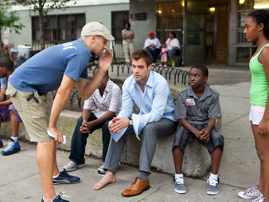 Writer/Director Stefan Schaefer with lead Ken Duken and other cast members on set of 