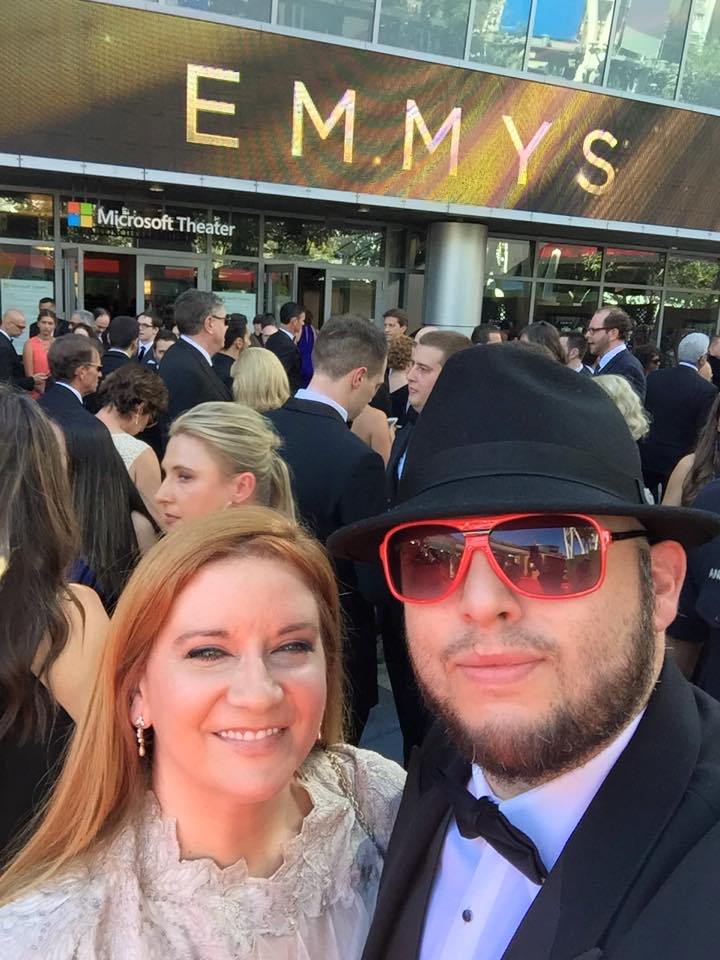 Producer Peggy Lane and writer Chris Molina arrive at the 2015 Emmys.