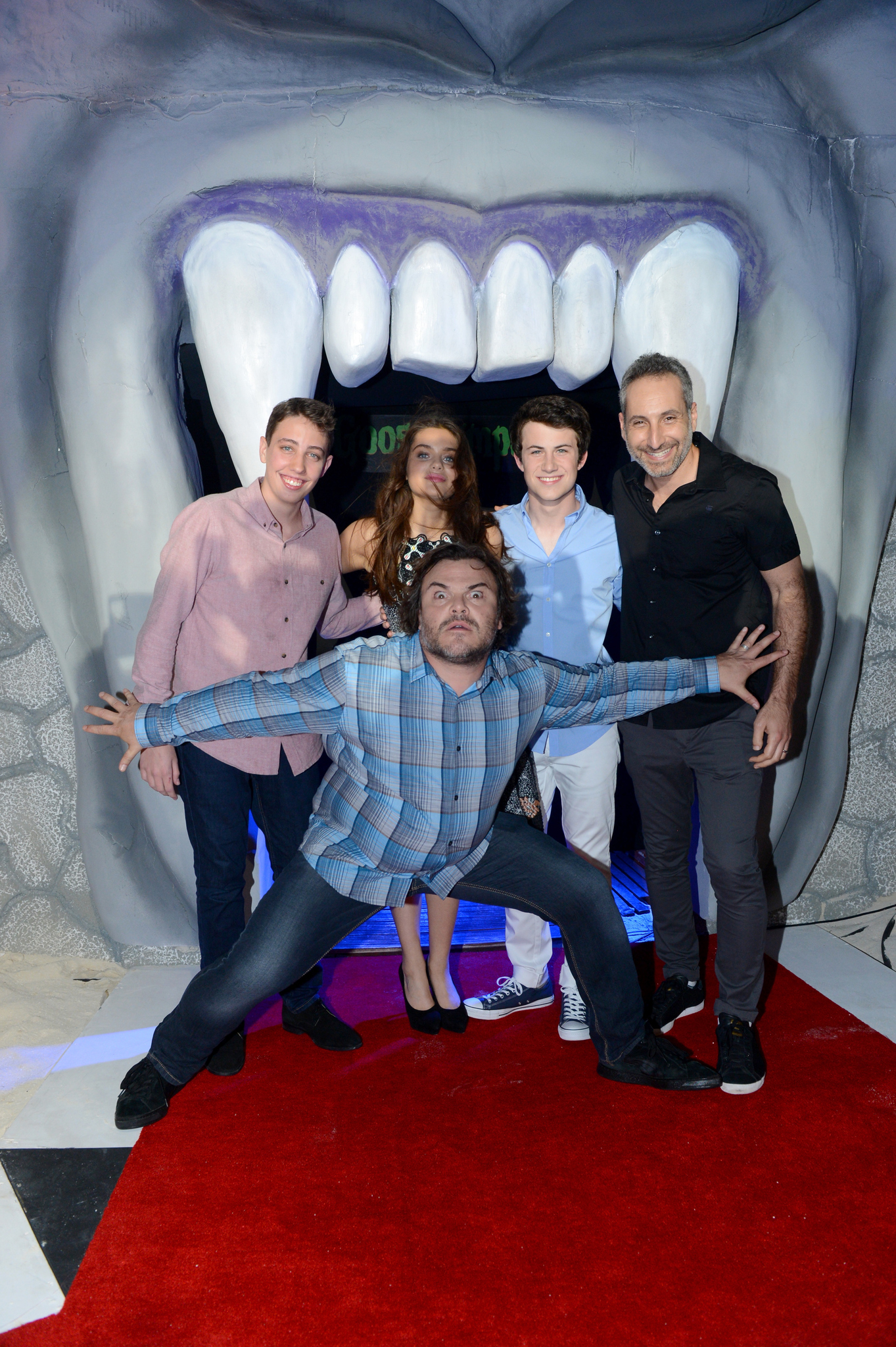 Jack Black, Rob Letterman, Andrew Goodman, Dylan Minnette, Ryan Lee and Odeya Rush at event of Goosebumps (2015)