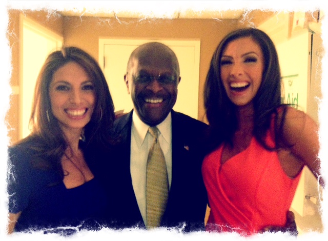 Katrina Campins behind the scenes on Fox News with Presidential Candidate Herman Cain.