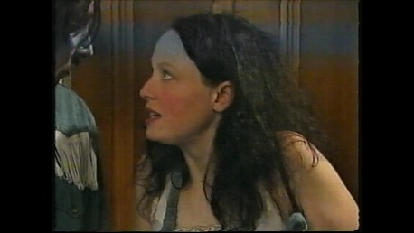 Still of Gwenfair Vaughan as series regular Megan in the first season of the Hafod Haidd/Barley Farm comedy series, with Richard Elfyn.