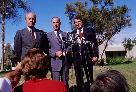 Ronald Reagan with Gerald R. Ford and the press