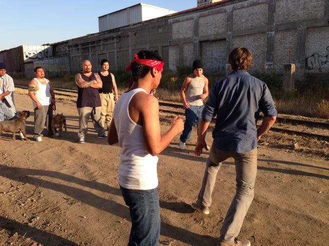 William Rocha shooting a fight scene for feature film, Road Run with Writer/Lead Actor Shawn Lock