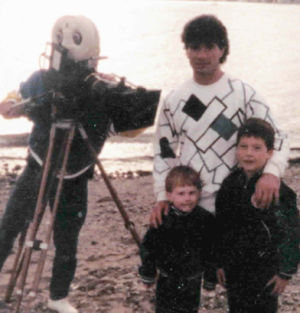 Actor Carlo Corazon with son M1ke and friend CJ on the set of the 1985 film 'Beyonder'.