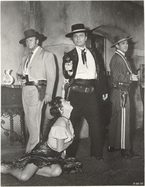 JEANNE CARMEN, ALAN HALE JR, NEVILLE BRAND, ROBERT CHRISTOPHER on the set of THE 3 OUTLAWS