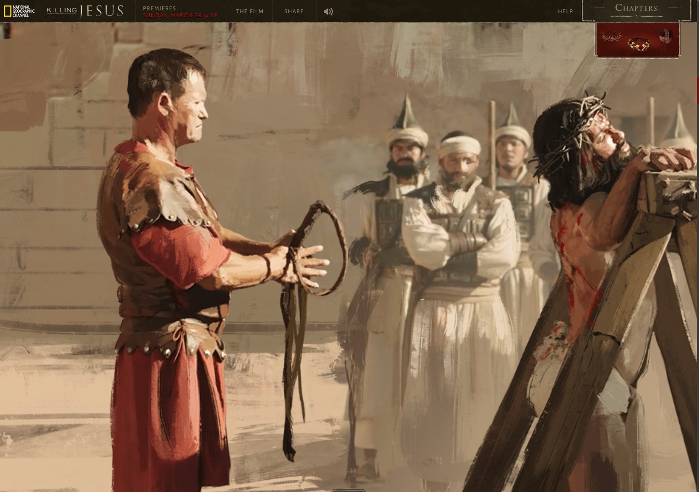 Art work from Nat Geo interactive website for 'Killing Jesus' - Malchus watched Jesus get whipped.