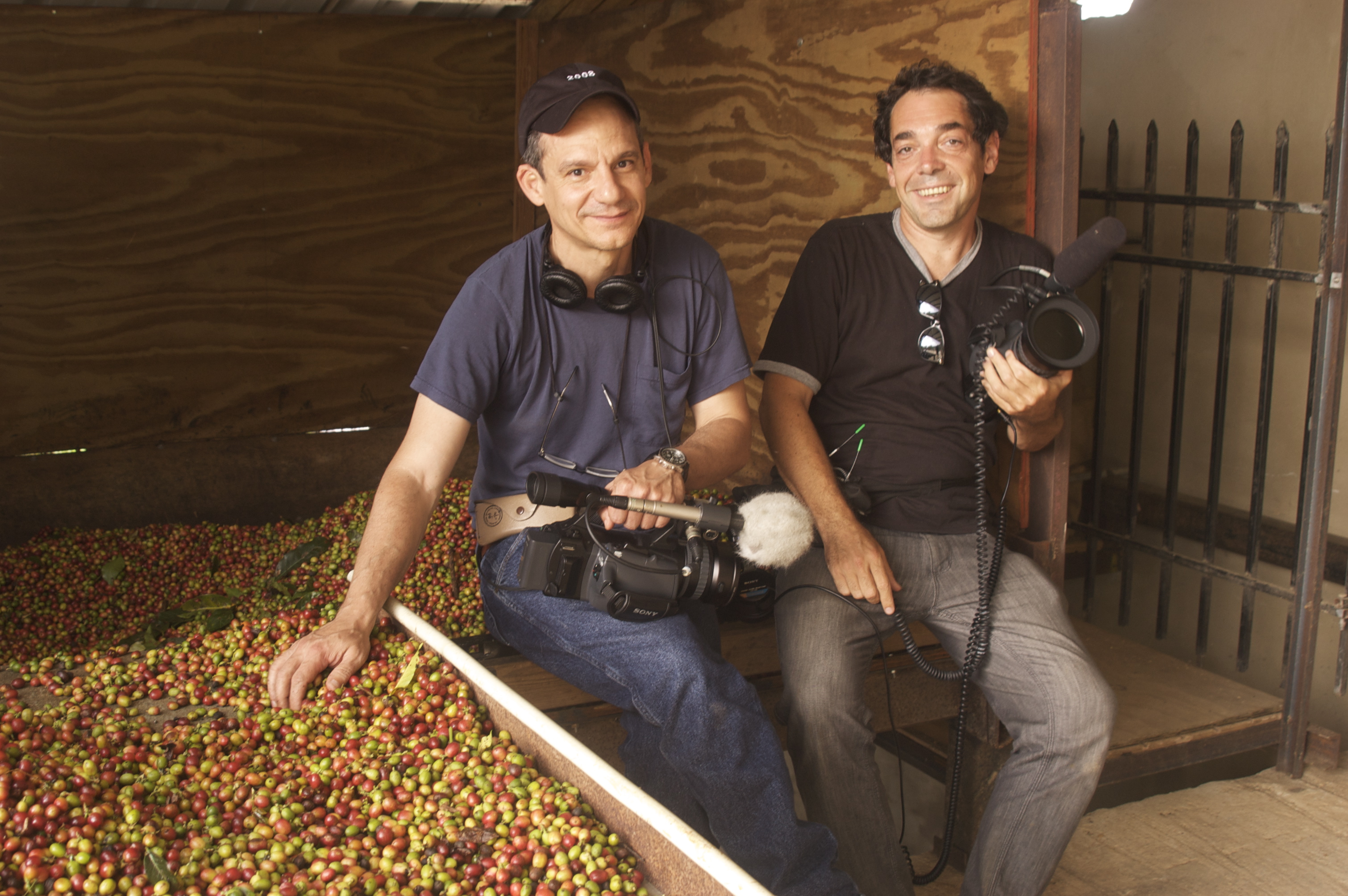 Cameraman Frank Rodríguez and Director Alex wolfe on a coffee farm during the making of Last Harvest.