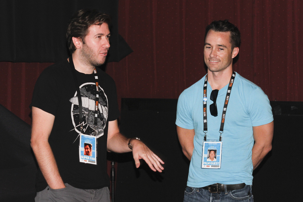 Dennis Widmyer on stage with producer Justin Duprie at the 2010 Fantastic Fest during a Q&A for the short film 'Curtain.'