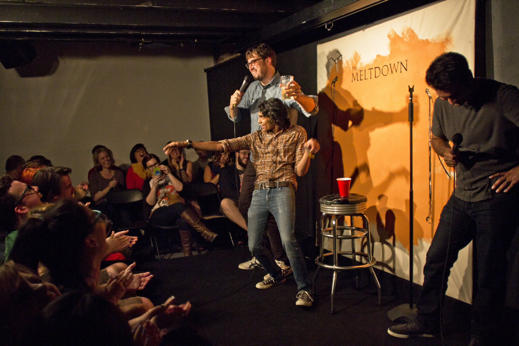 Javin Reid, Jonah Ray, and Kumail Nanjiani at The Meltdown @ NerdMelt LA. (Handsome Kumail vs. Laughing Kumail)