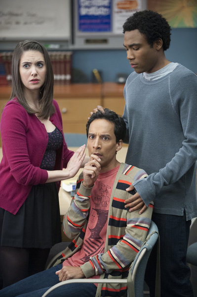 Still of Alison Brie, Danny Pudi and Donald Glover in Community (2009)