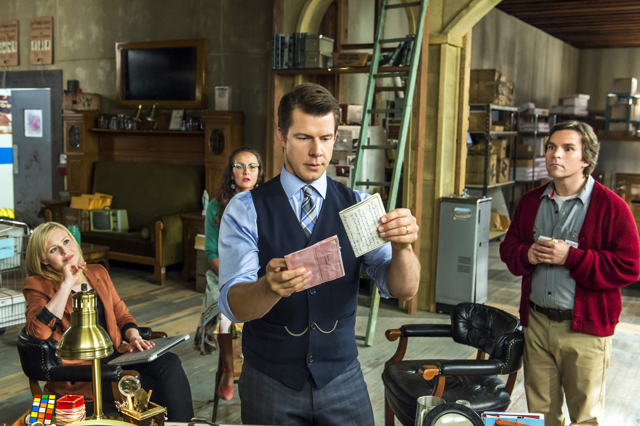 Still of Kristin Booth, Crystal Lowe, Eric Mabius and Geoff Gustafson in Signed, Sealed, Delivered (2014)