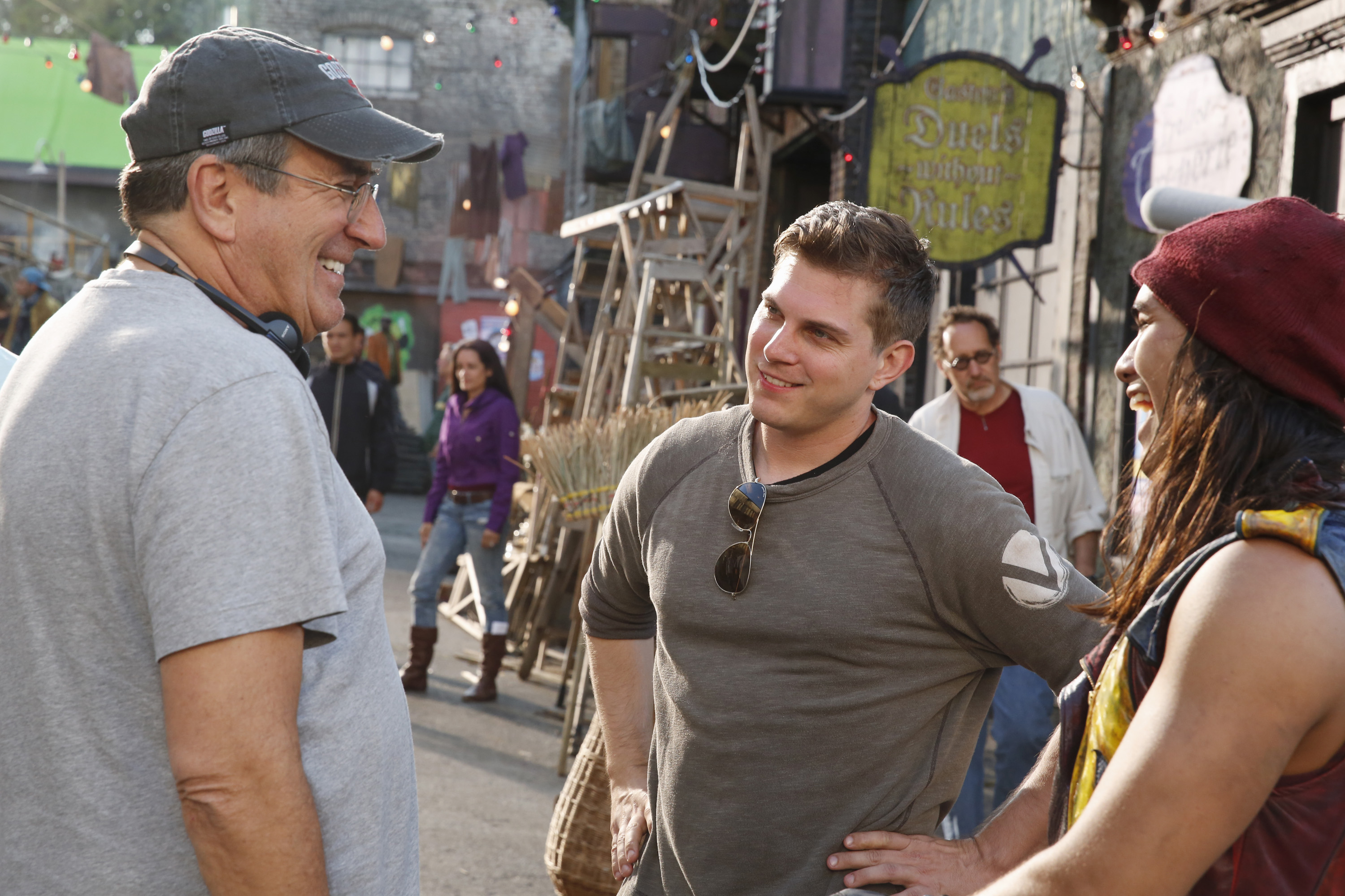 Kenny Ortega, Paul Becker, and BooBoo Stewart on set of Disney's Descendants.