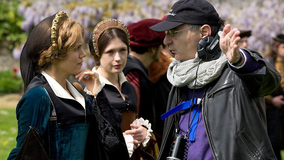 Charity Wakefield with Peter Kosminsky and Hannah Steele on the set of Wolf Hall