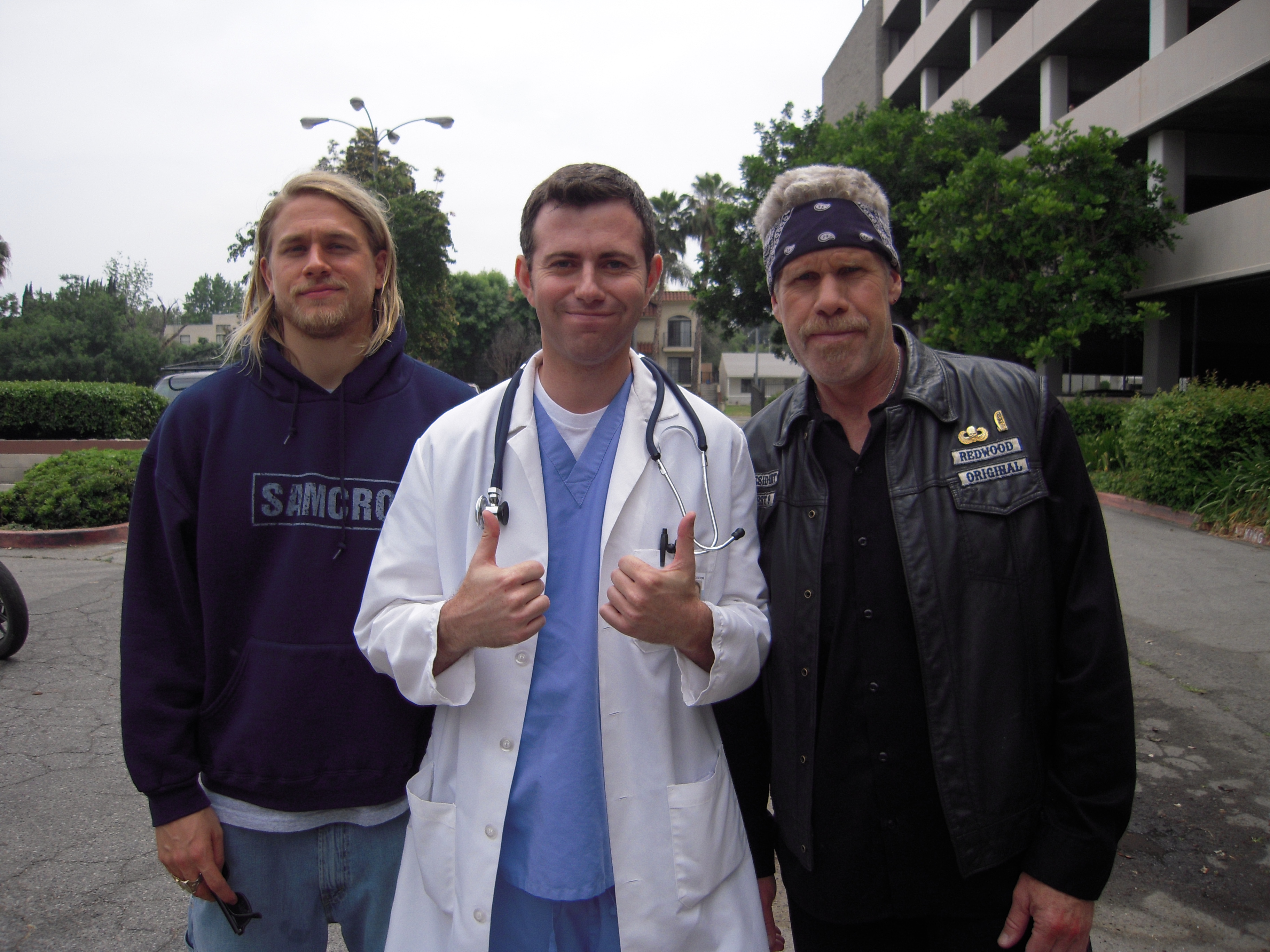 Charlie Hunman, David Aranovich and Ron Perlman on the set of, Sons of Anarchy.