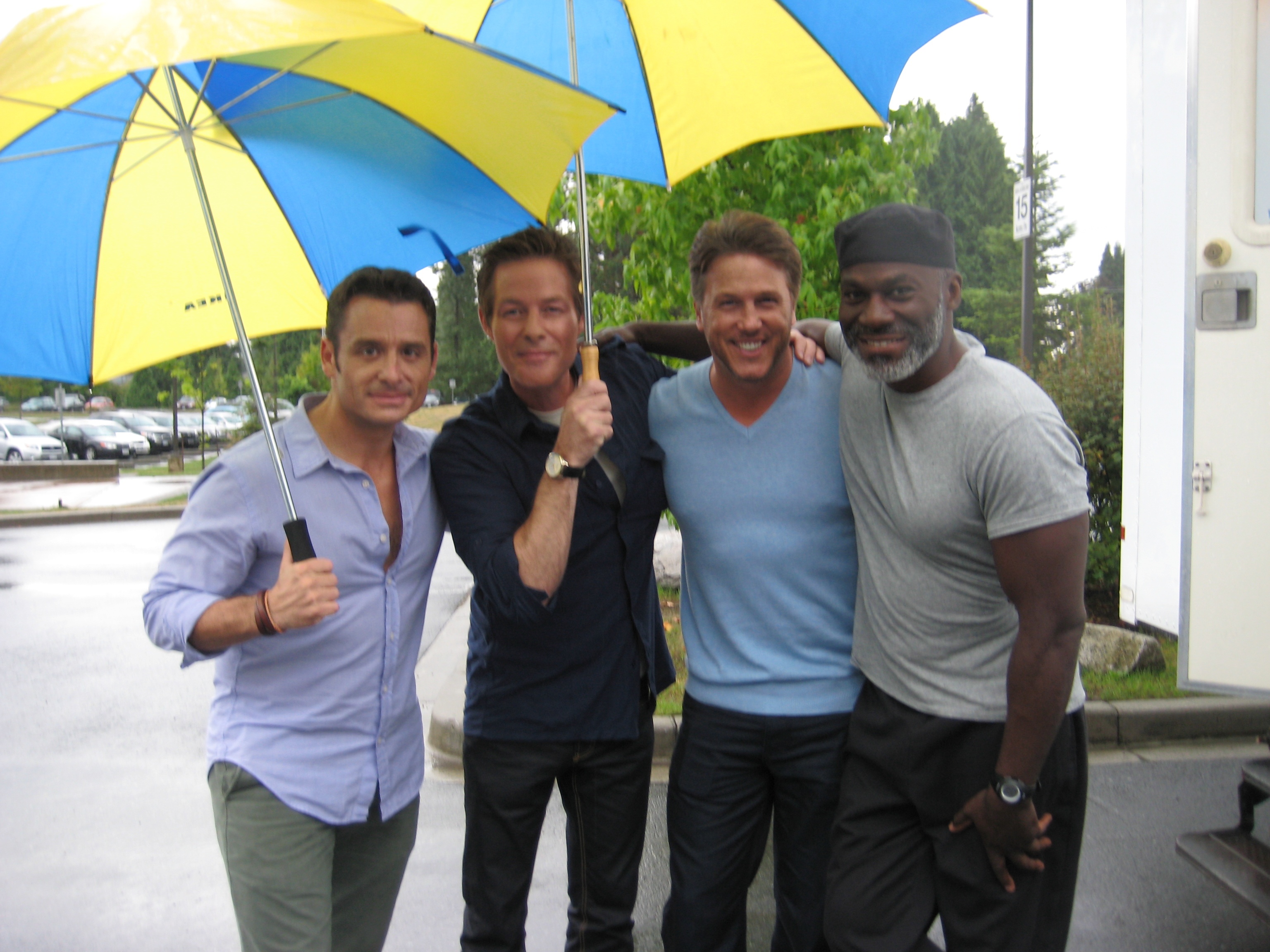 Benjamin Wilkinson, Sebastian Spence, Lochlyn Munro and Everick Golding on set in Vancouver