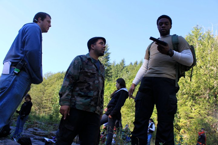 Director Mischa Webley and Chadwick Boseman on the set of Kill Hole