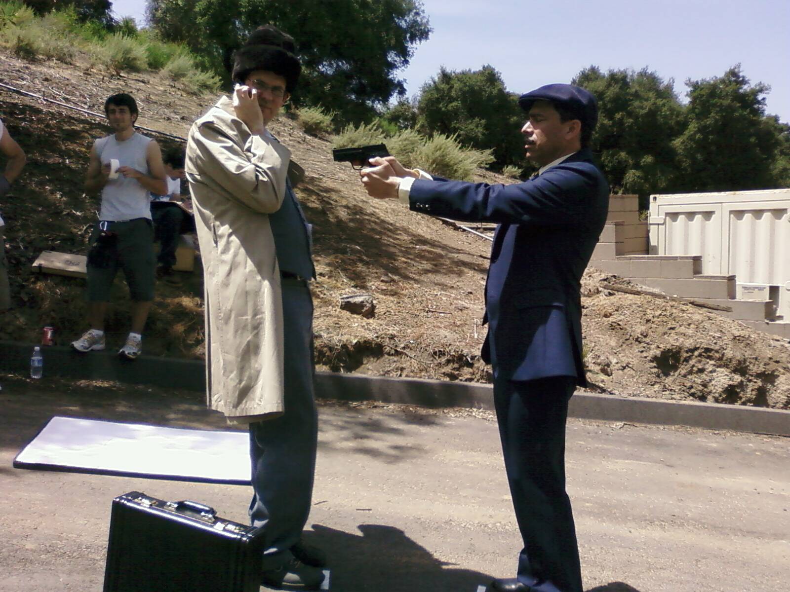Michael Faulkner as Agent X and John Prudhont as The Plague during filming of Agent X: The First Mission