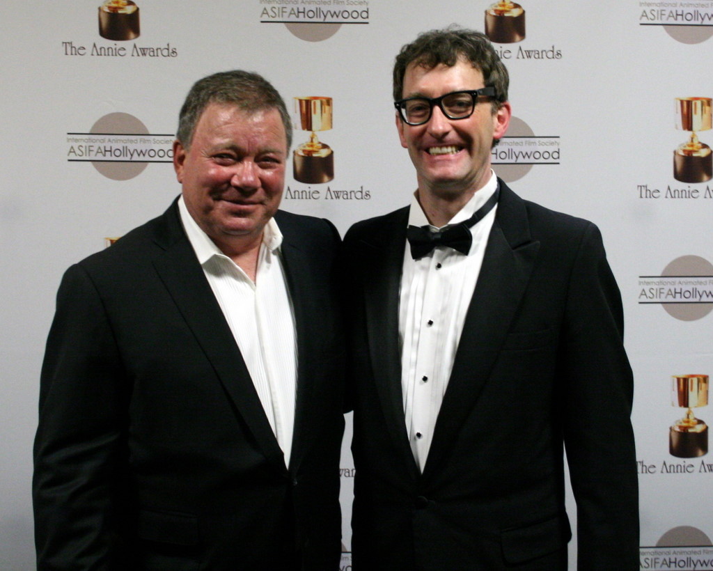 Previous host Tom Kenny congratulates William Shatner on his hosting job