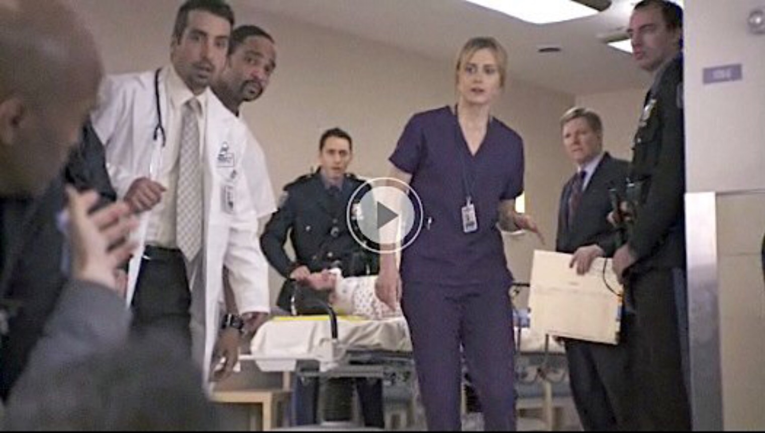 on set of NBC show, MERCY hospital. (Dennis Jay Funny, Taylor Schilling)