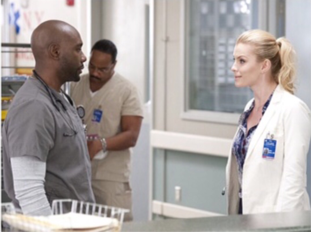 Your favorite orderly at All Saints Hospital is always staying busy. -Nurse Jackie show. (Morris Chestnut, Dennis Jay Funny, Betty Gilpin)
