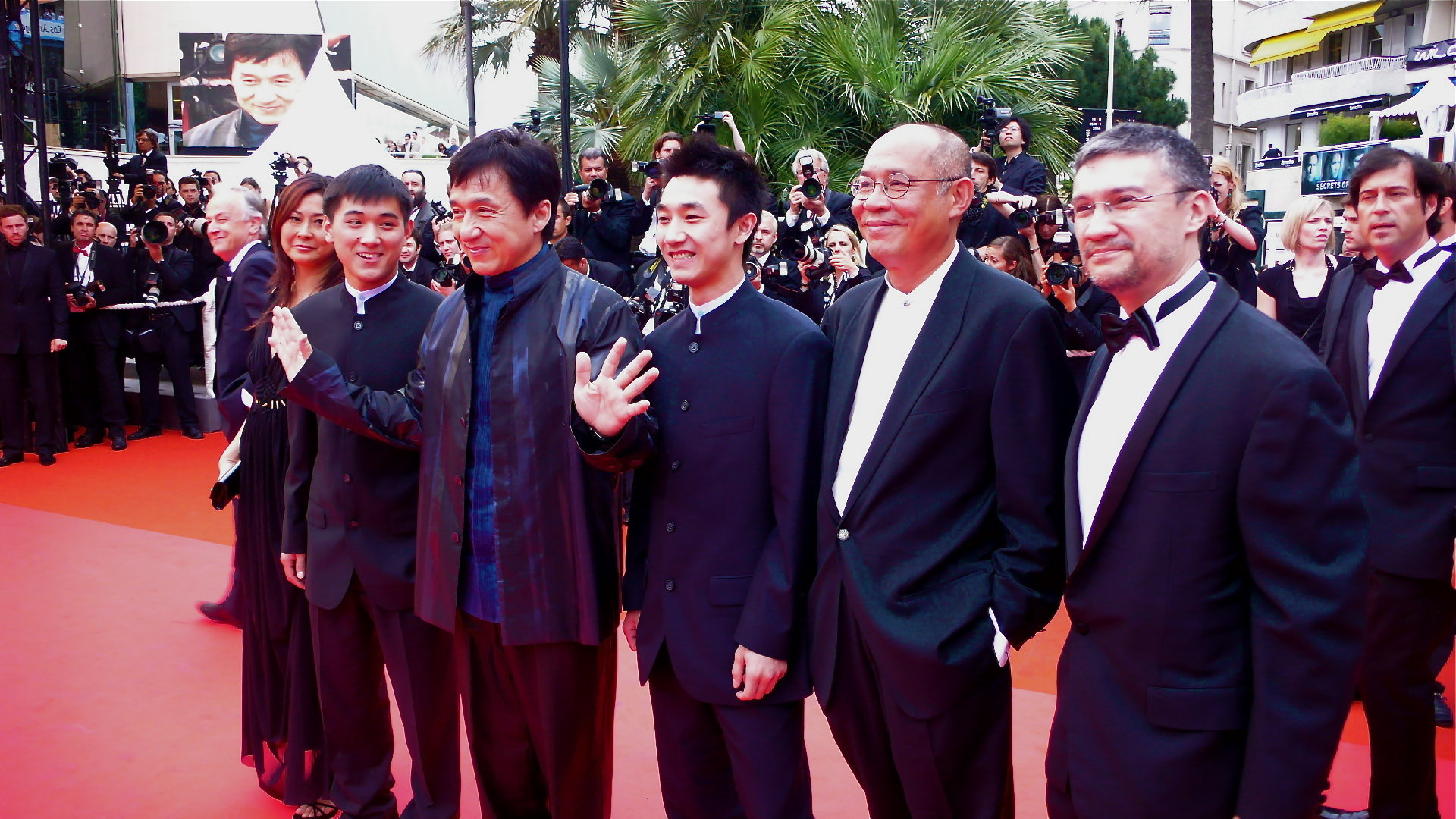 Cannes 08: Lead actors and makers of Wushu on the red carpet. (Left to Right) Colette Koo, Wang Wenjie, Jackie Chan, Liu Fengchao, John Sham and Antony Szeto