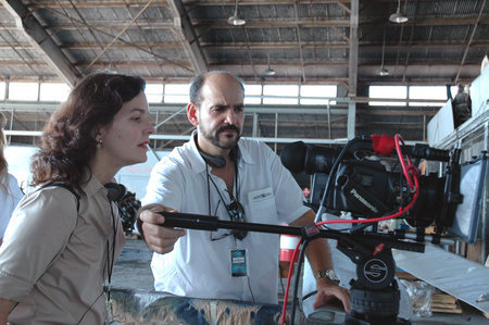 Co-directors Poli Marichal and Ricardo Méndez Matta line up a shot during the filming of 
