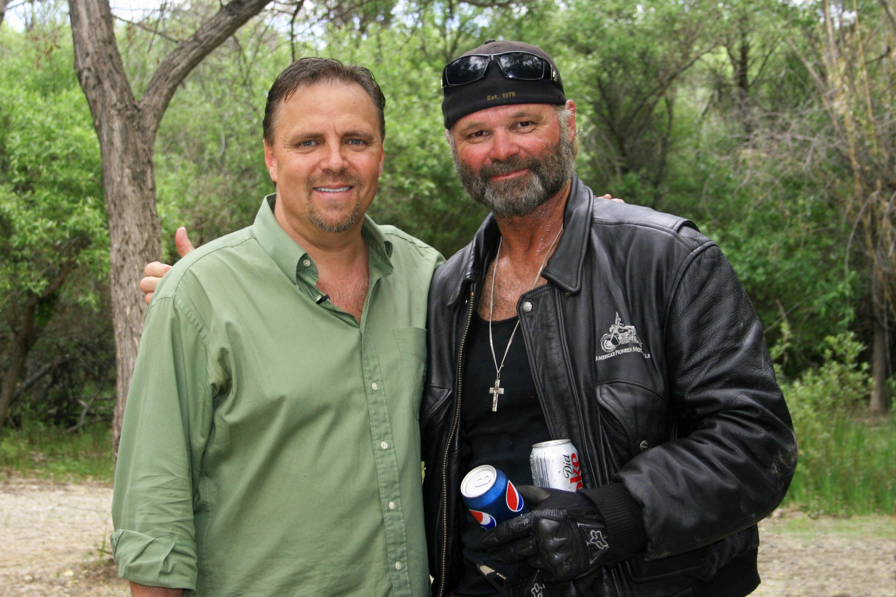 Michael Gier on location with Hollywood stunt legend Monte Perlin.