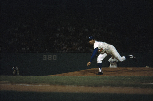 The Los Angeles Dodgers' Sandy Koufax pitching at the Los Angeles Memorial Coliseum circa 1960