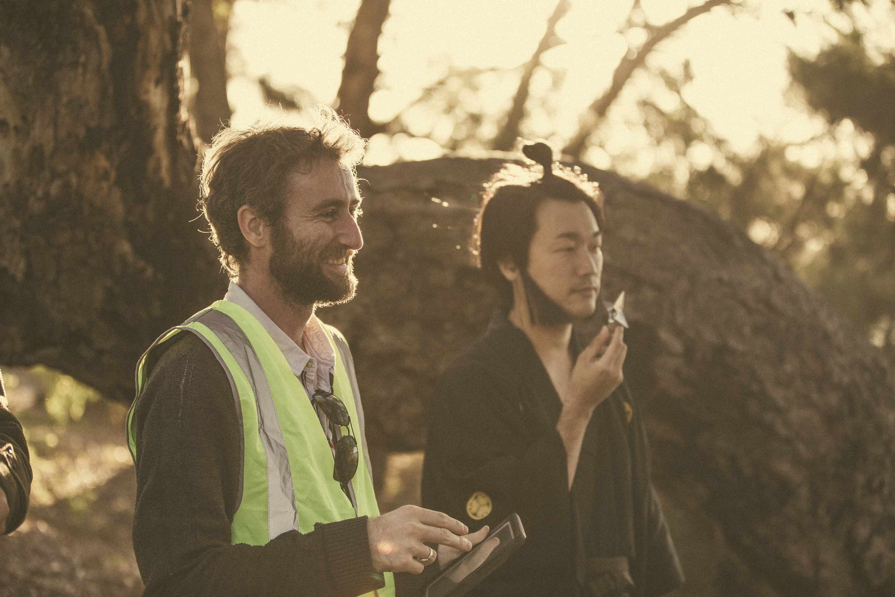 Director, Aaron McCann (L) and Star, Toshi Okuzaki (R) on the set of Top Knot Detective