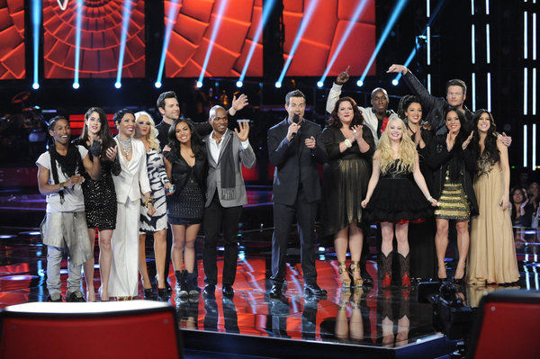 Still of Christina Aguilera, Carson Daly, Jesse Campbell, La Rosa, Blake Shelton, Moses Stone and Lindsey Pavao in The Voice (2011)