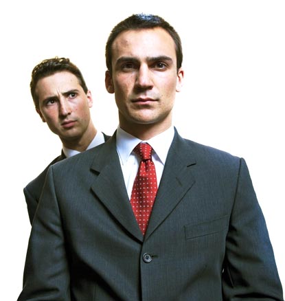Henry Lloyd-Hughes (David Miliband) with brother Ben Lloyd-Hughes (Ed Miliband) in Miliband of Brothers.