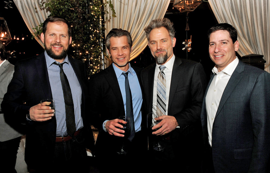 Nick Grad, President, Original Programming, FX Networks, actors Timothy Olyphant and David Meunier, and Eric Schrier, President, Original Programming, FX Networks at the after party for the premiere screening of FX's 'Justified' January 6, 2014.