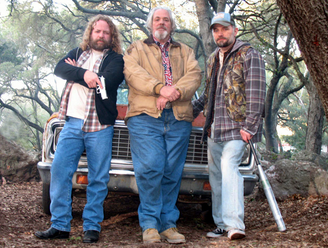 Ray Porter, M.C. Gainey, and David Meunier as Hestler, Bo, and Johnny Crowder on the set of 