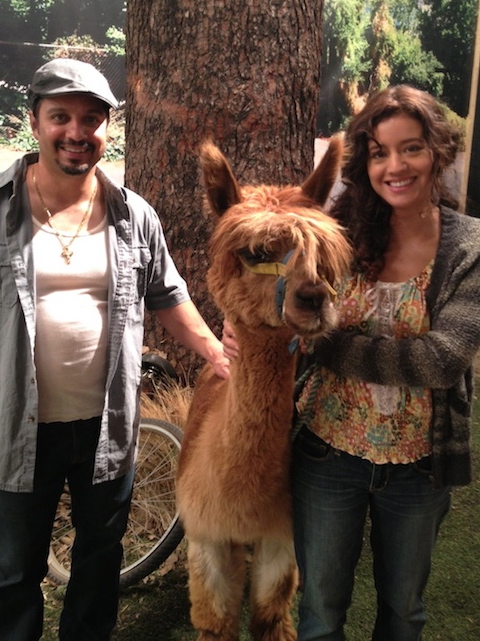 Rosie Garcia and Johnny A. Sanchez on the set of Raising Hope with the Alpaca.