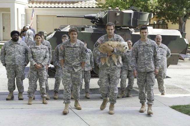 Still of Geoff Stults, Chris Lowell and Parker Young in Enlisted (2014)