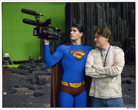 Brandon Routh and Rob Burnett on the New Krypton set of SUPERMAN RETURNS, Aug, 2005.