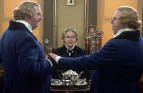 Nicholas Nickleby (CHARLIE HUNNAM) befriends brothers Ned and Charles Cheeryble (GERARD HORAN, left, and TIMOTHY SPALL, right)