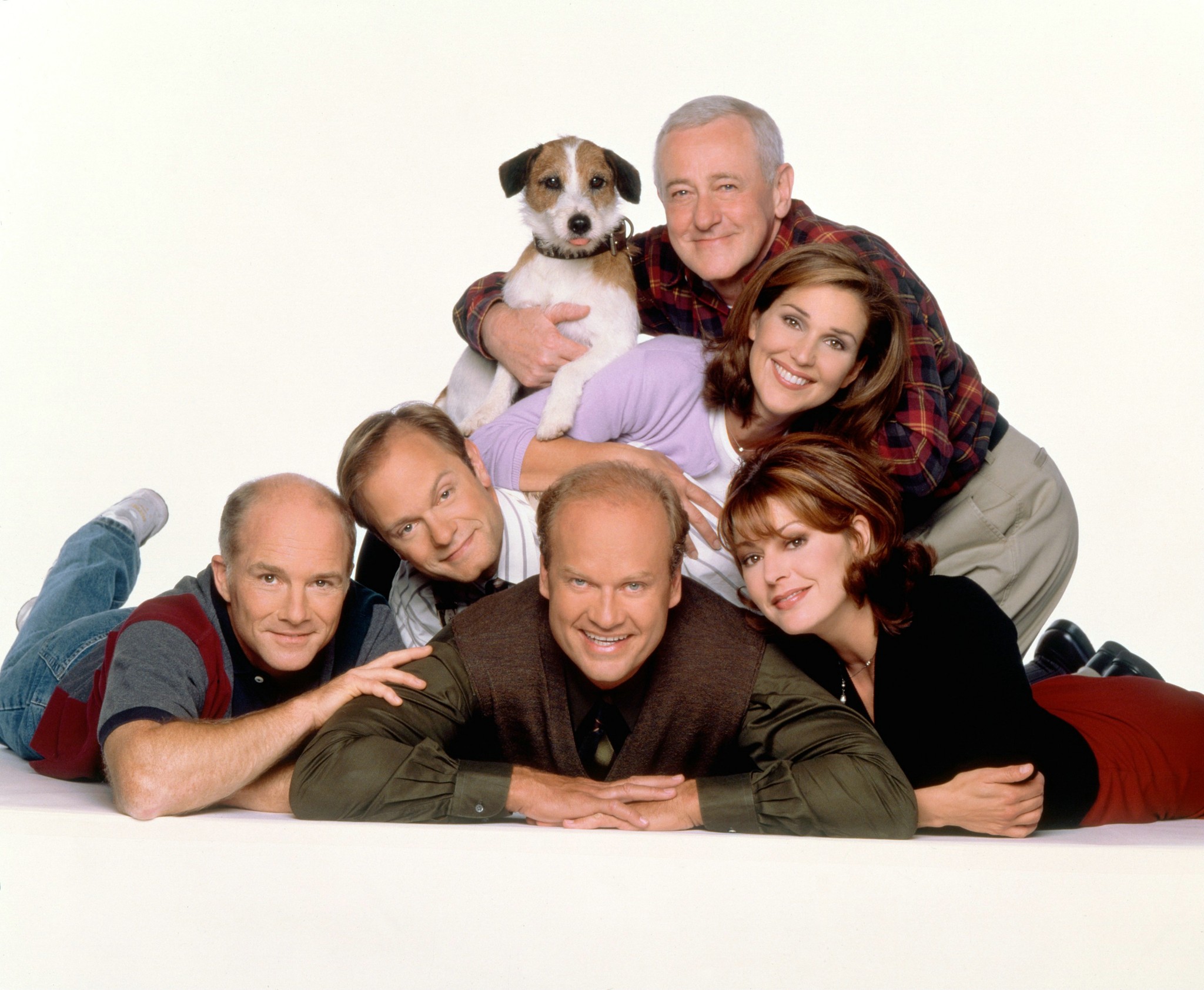 Still of Kelsey Grammer, David Hyde Pierce, John Mahoney, Peri Gilpin, Jane Leeves and Dan Butler in Frasier (1993)