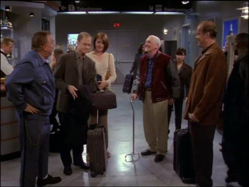 Still of Kelsey Grammer, David Hyde Pierce, John Mahoney, John Ratzenberger and Jane Leeves in Frasier (1993)