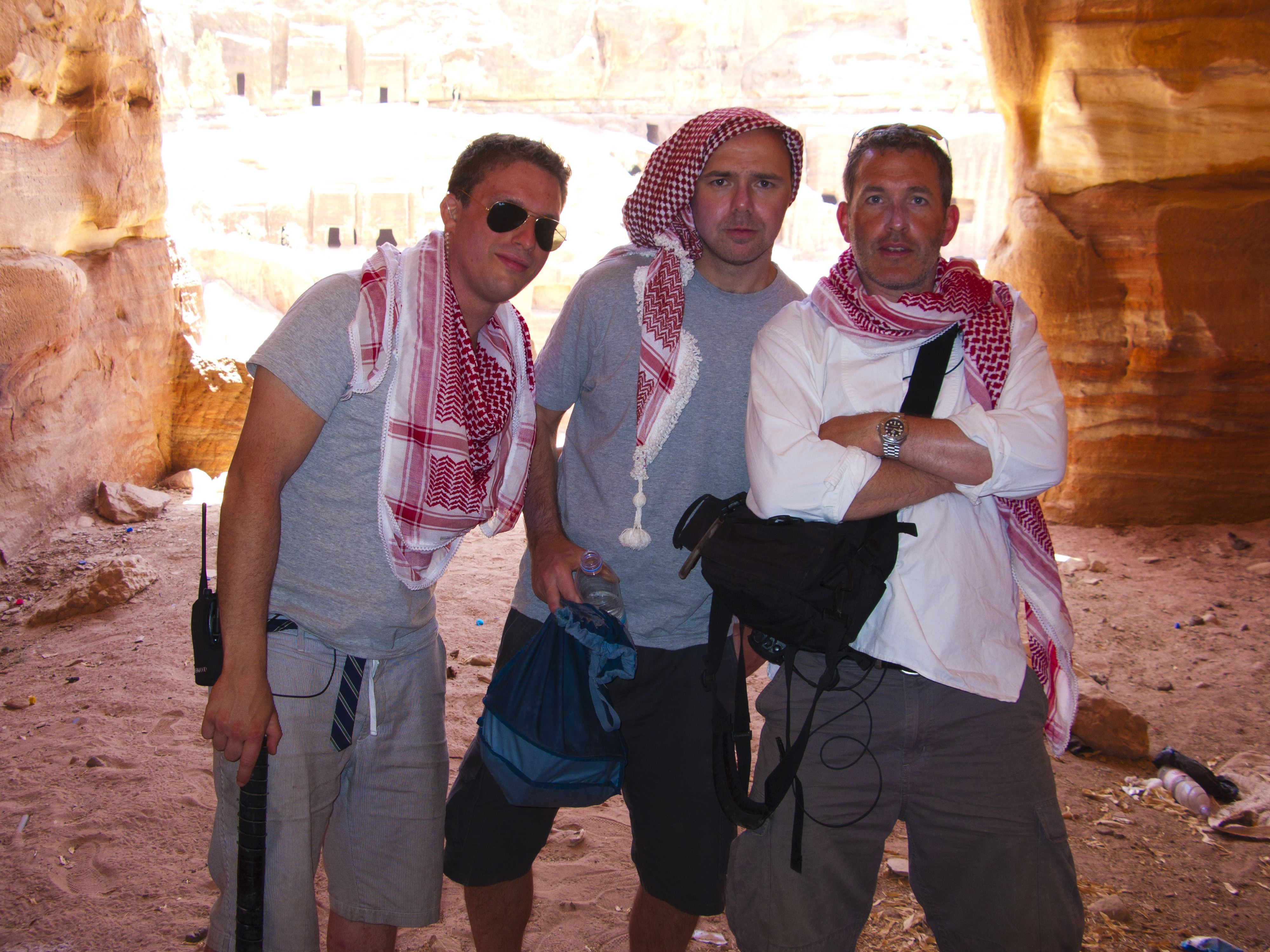 Producer Benjamin Green with Karl Pilkington and director Luke Campbell on location Petra, Jordan for An Idiot Abroad series 1