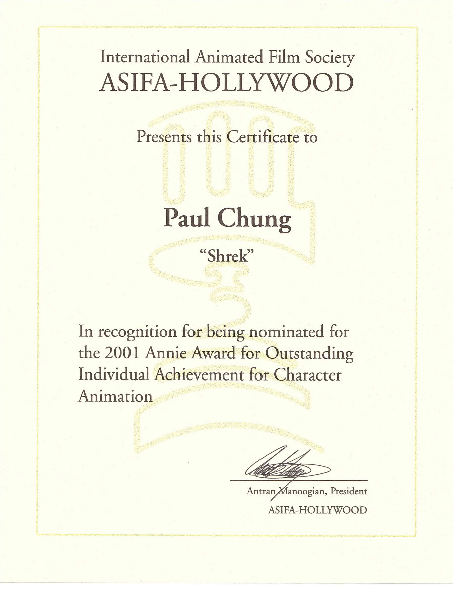 My Annie award nomination for 'Outstanding Individual Achievement for Character Animation.'