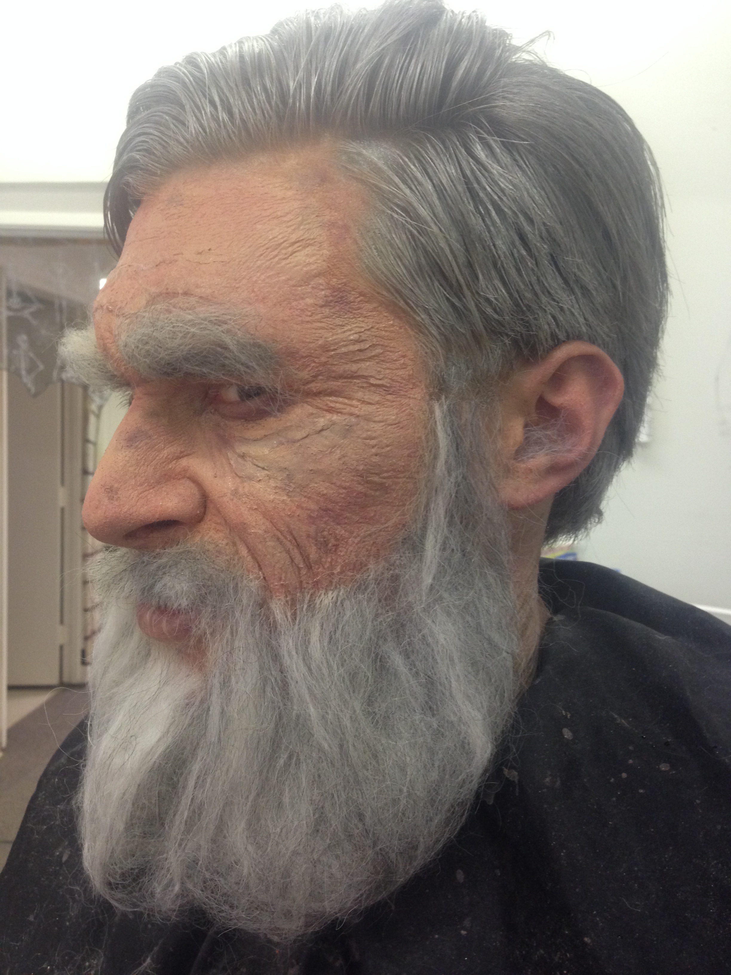 NHL Avalanche Defenseman Erik Johnson made up to look like an old man for Halloween 2013 by Midian Crosby of Monster Makeup FX.
