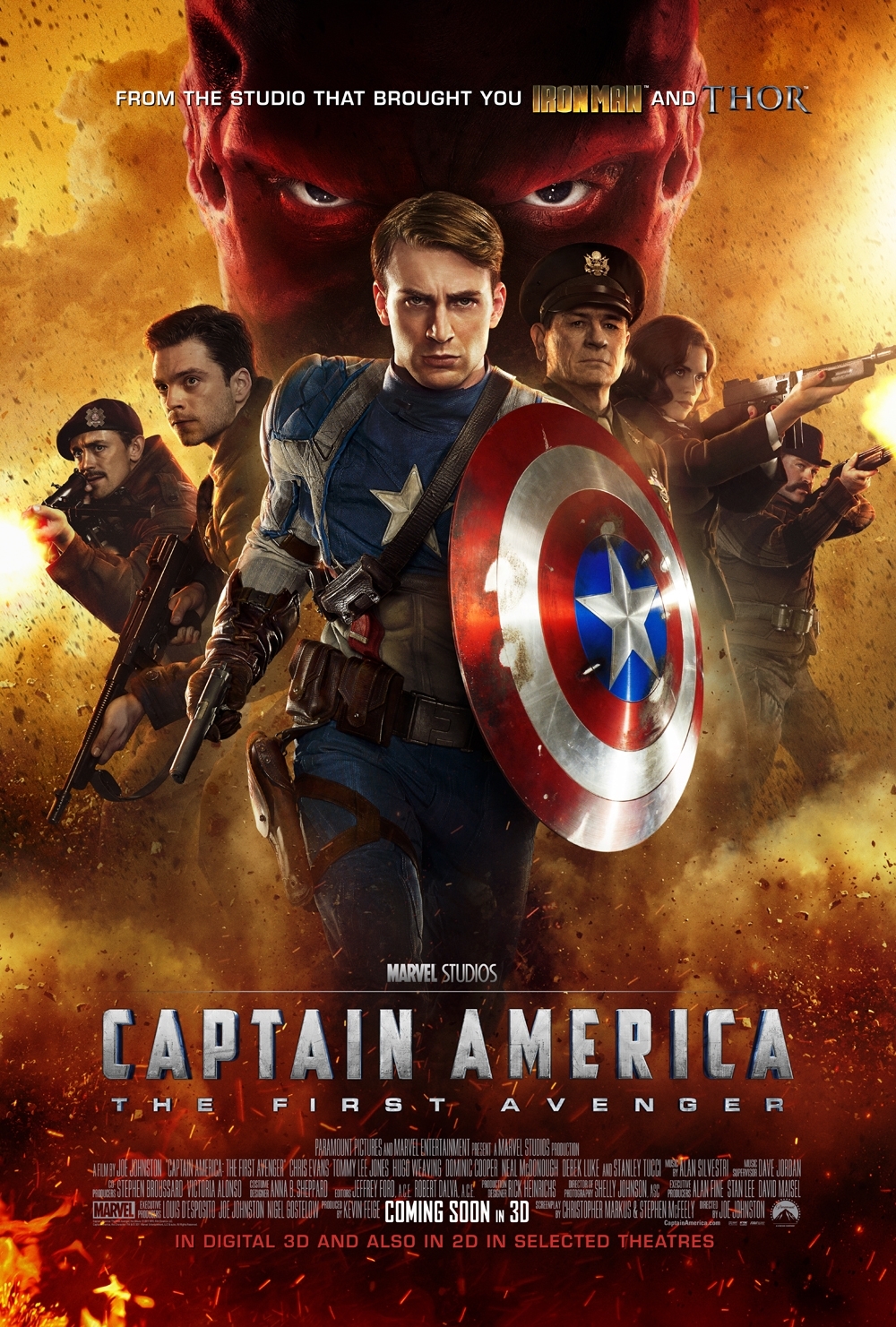 Tommy Lee Jones, Chris Evans, JJ Feild, Neal McDonough, Sebastian Stan and Hayley Atwell in Kapitonas Amerika: pirmasis kersytojas (2011)
