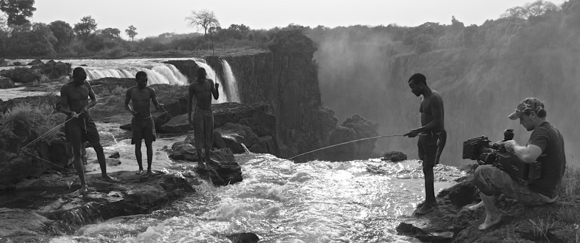Filming fishermen at the top of Victoria Falls for 'The Smoke that Thunders'