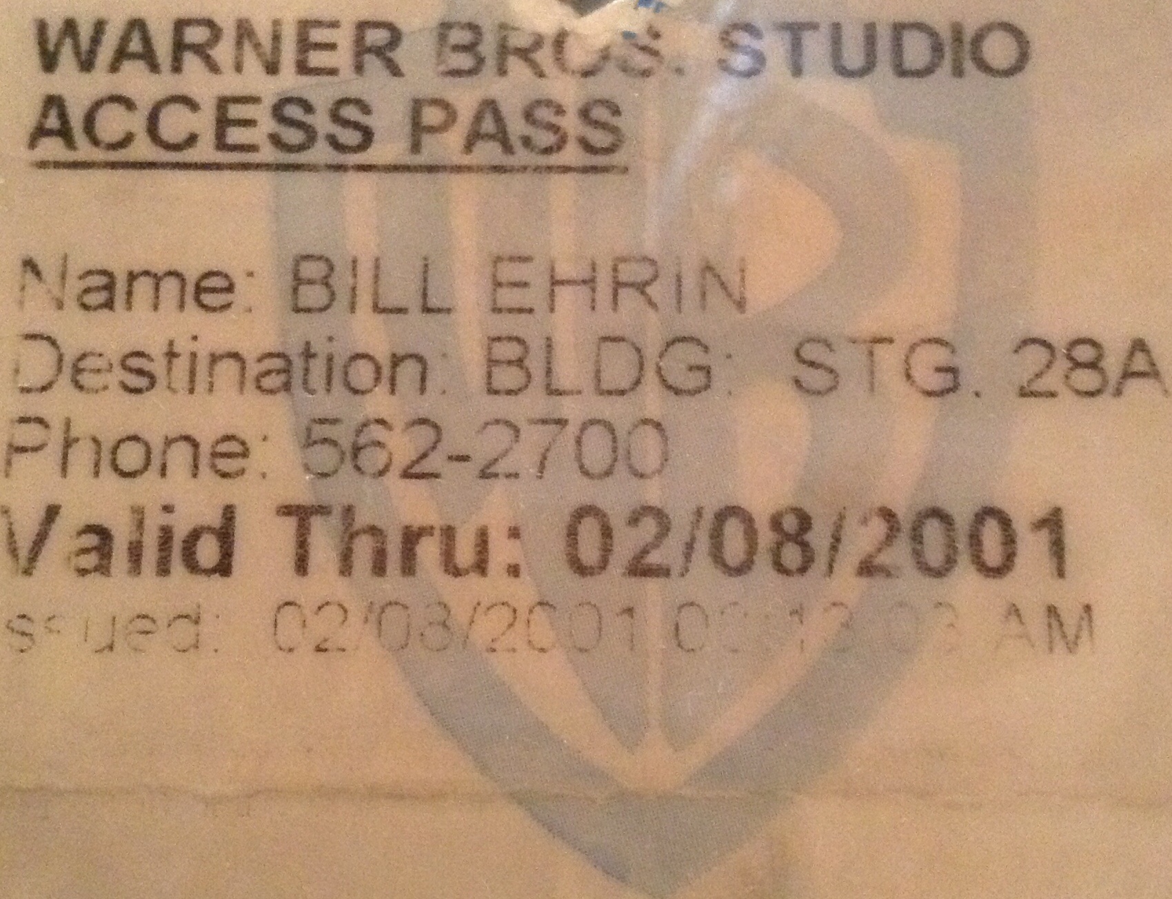 Warner Bros. Studio pass for Bill Ehrin