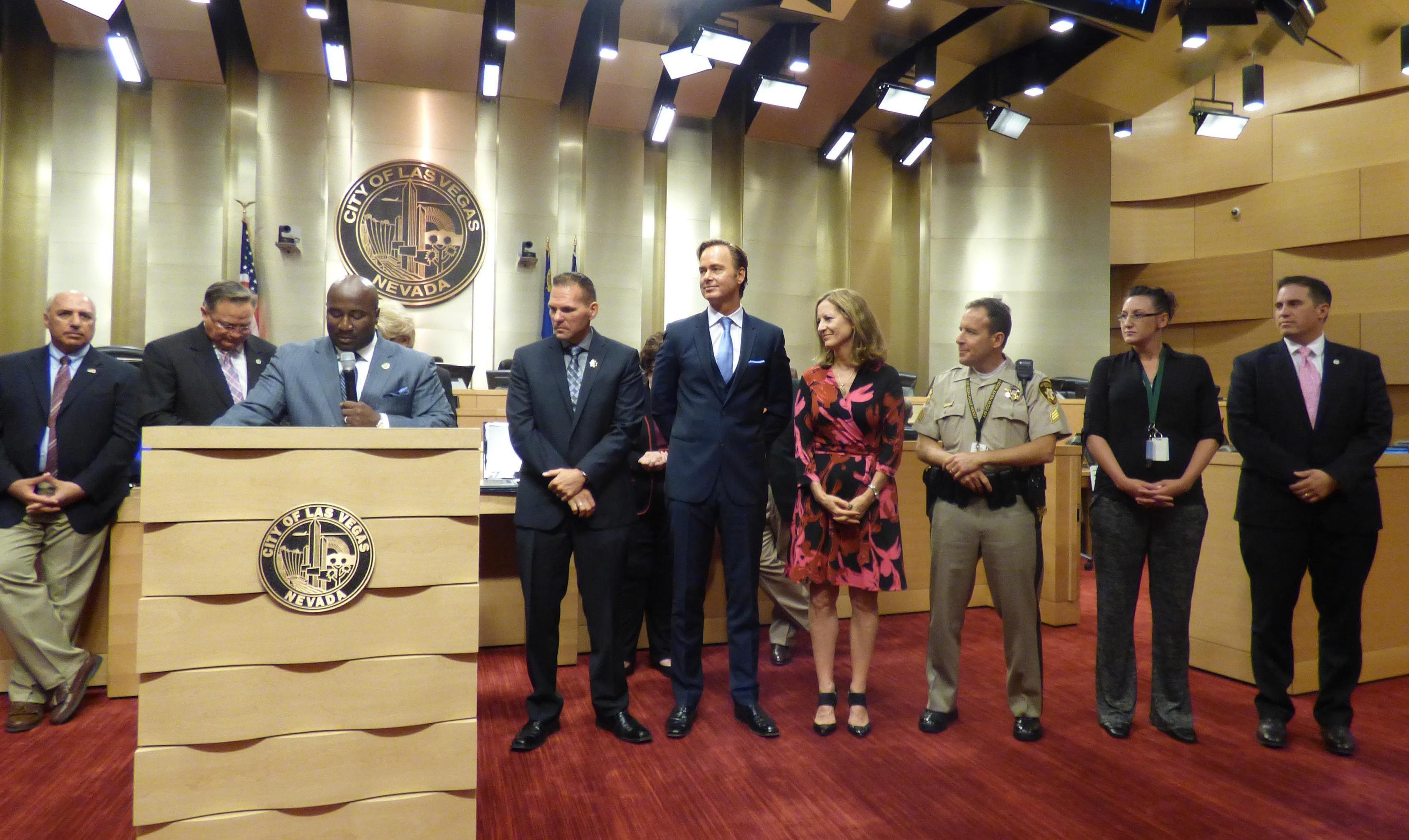 Las Vegas City Hall on Wednesday, October 7th,2015 where Lt.John Pelletier, Project Director Christian Schoyen, Julie Murray, Sgt Phil Merges, Jessica Heredia and Pastor Matthew Teis receives the honorary award: Recognition of Your Contribution to the Community by Mayor Carolyn Goodman and the City Council for the Heroes United initiative of turning around the community with the highest violent crime in Las Vegas.