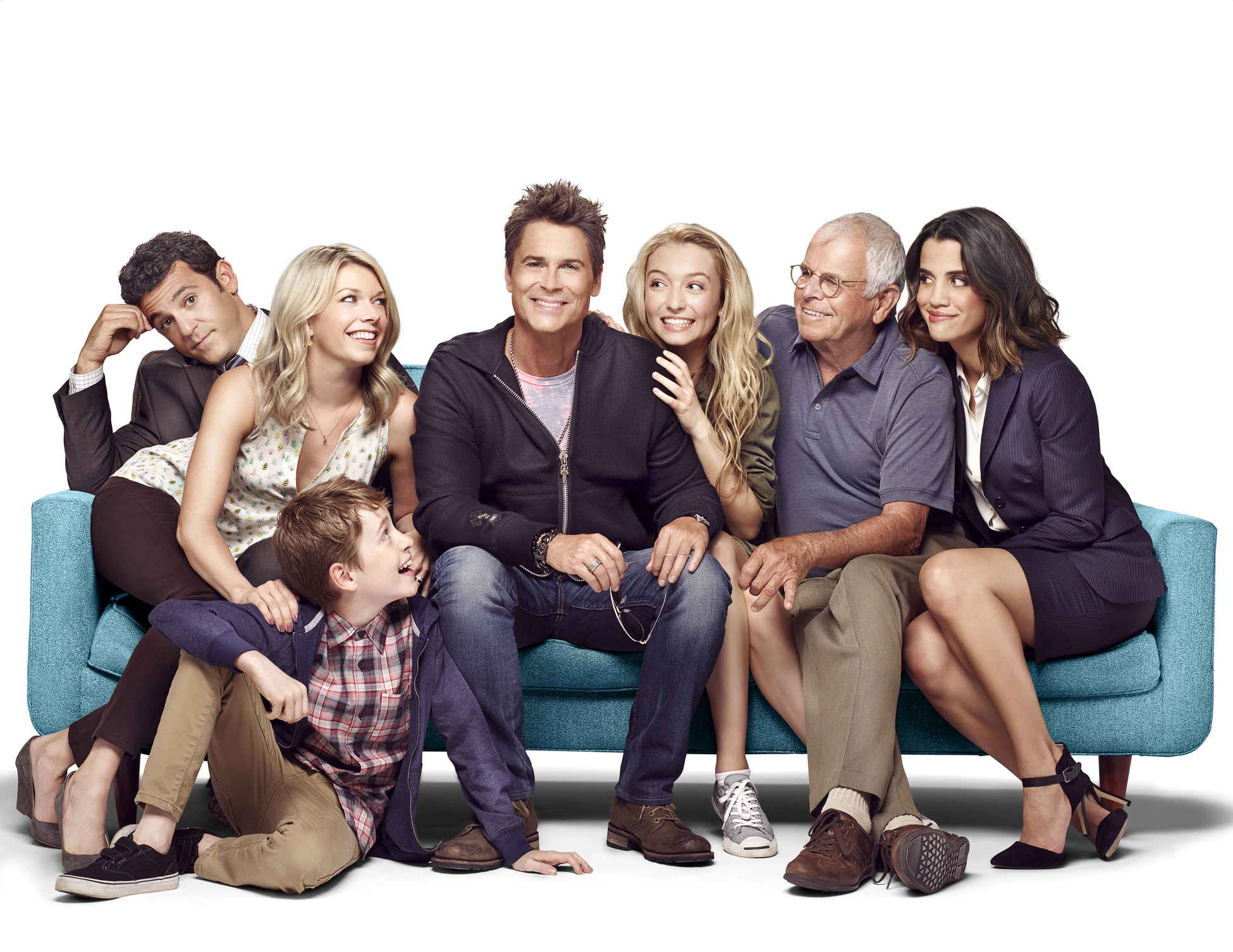 Still of Rob Lowe, Fred Savage, William Devane, Mary Elizabeth Ellis, Natalie Morales, Hana Hayes and Connor Kalopsis in The Grinder (2015)