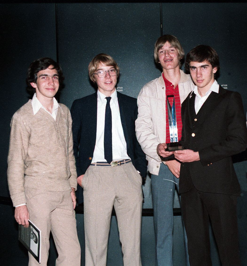 Jon Teboe, Dan Frazier, Steve Frazier and Rene Teboe hold their Super-8 Third Place award at the 1983 Cinemagic/SVA Short Film Search for their film 