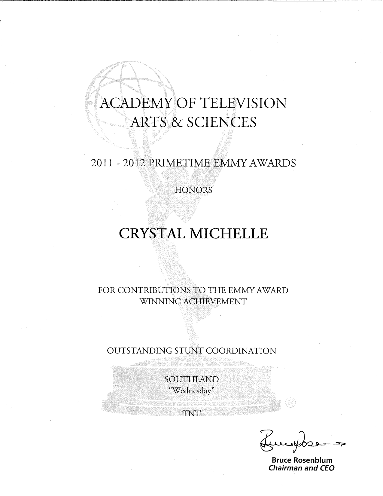 Primetime Emmy Award for Outstanding Stunt Coordination in participation of Southland